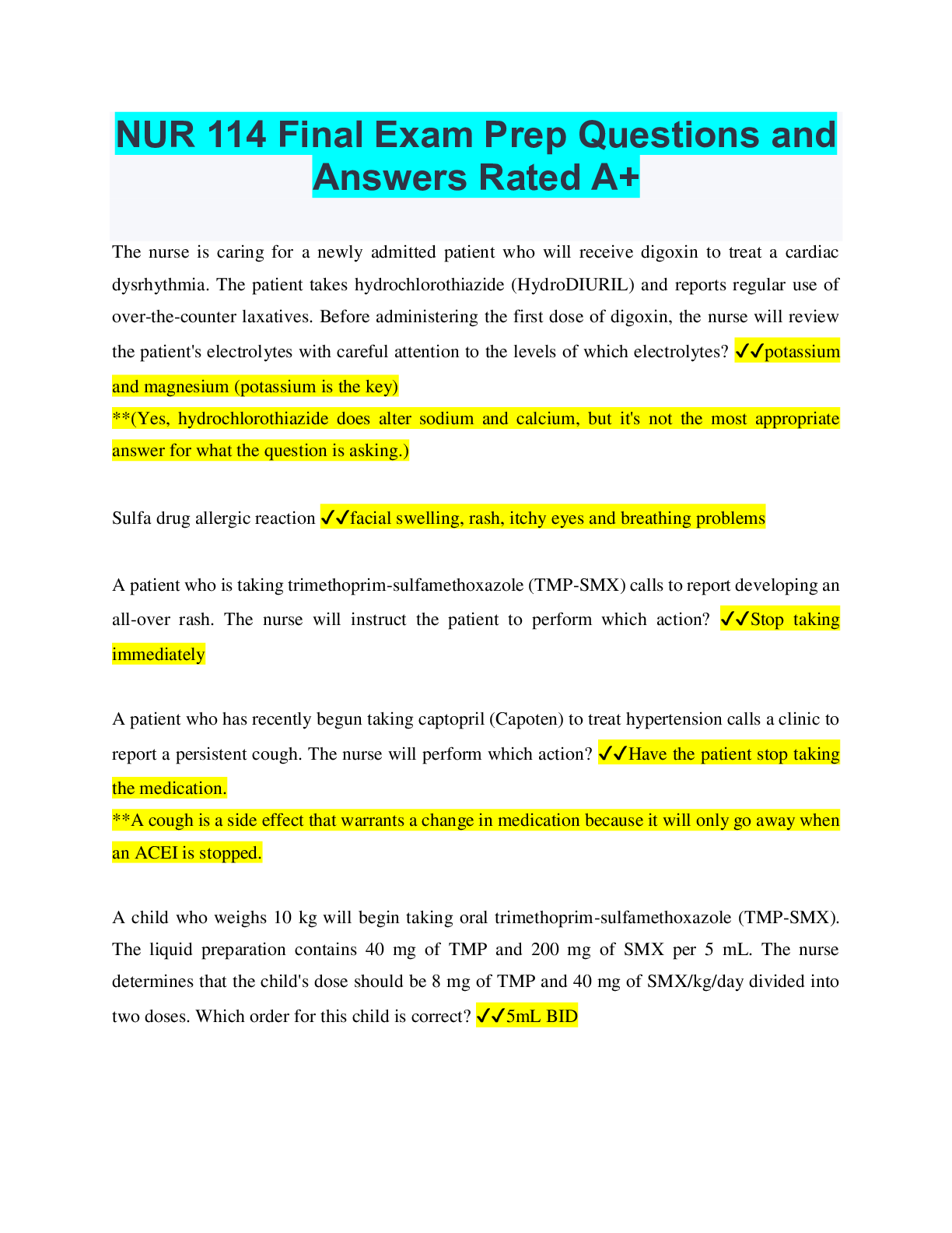 Recommended document preview for NUR 114 Final Exam Prep Questions and Answers Rated A+